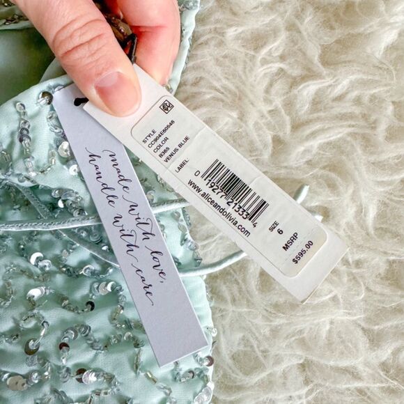 NWT! Alice + Olivia Palmira All-Over Sequin Chiffon Dress - Venus Blue | Size 6 - Picture 12 of 13